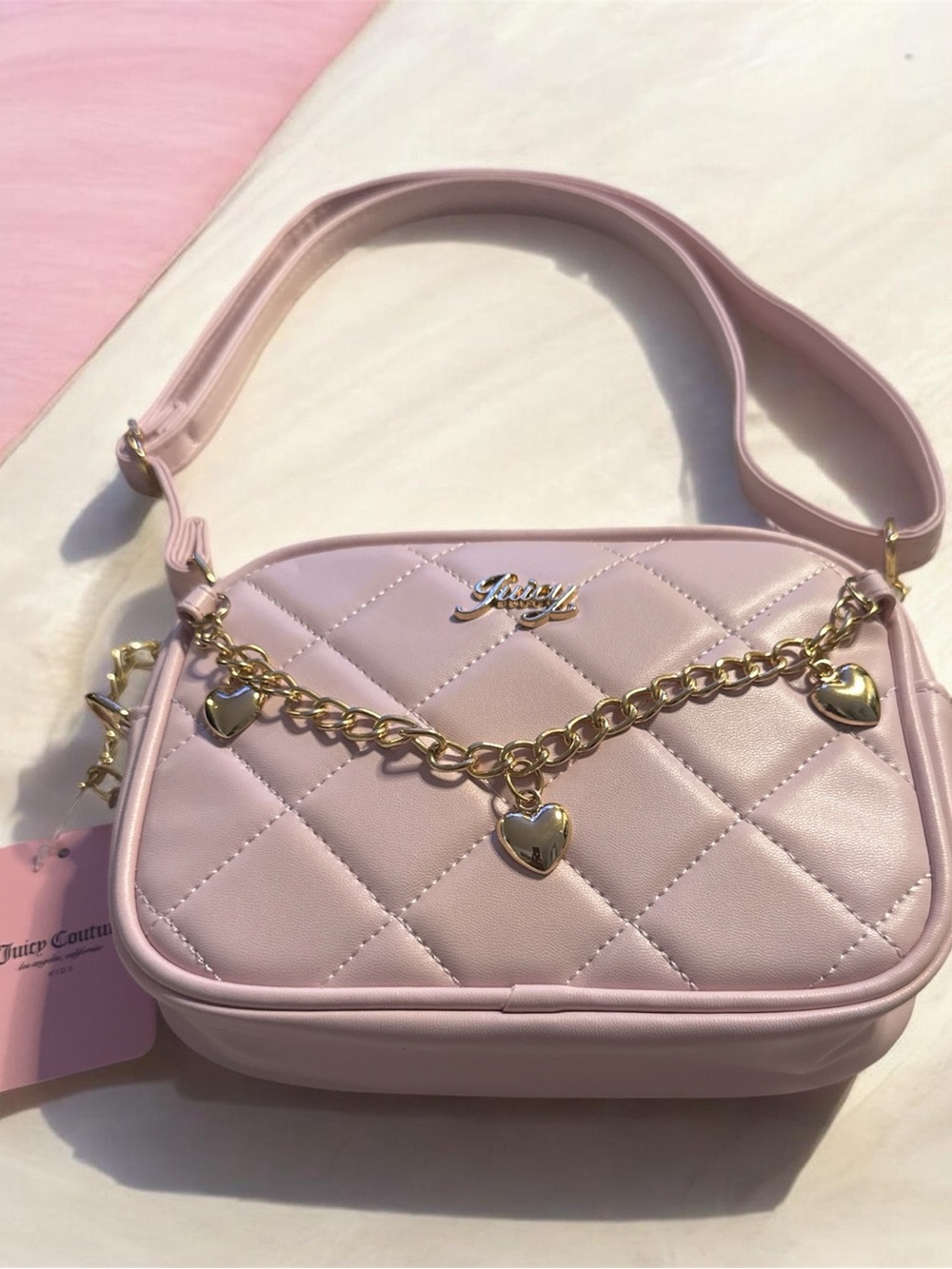 Juicy Couture Girls Light Pink Quilted Crossbody with Gold Heart Chain